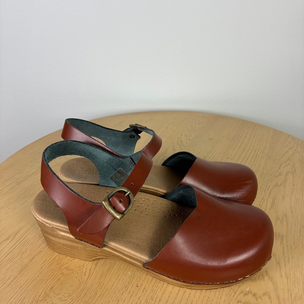 Sanita Leather Danish Clog Sandals Wedge Ankle Strap Womens EU 38 US 7 Boho Fall